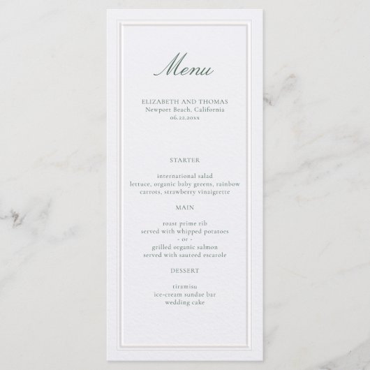 Formal Classic Green Elevated Frame Pearl Wedding Menu (Voorkant)