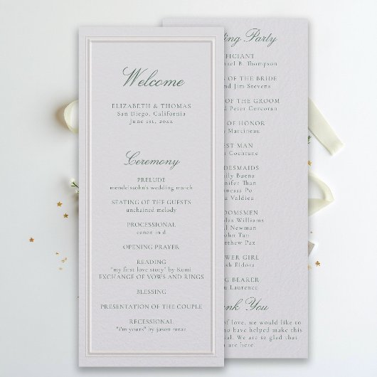 Formal Classic Green Ivory Wedding Program