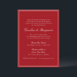 Formal Classic Red Script Elegant Wedding RSVP Kaart<br><div class="desc">This elegant wedding invitation features a rich red background paired with classic serif and script typography for a timeless, formal look. Designed for traditional, black-tie, or evening weddings, it sets a polished tone from the first impression. The clean layout highlights your names and wedding details clearly while feeling refined and...</div>
