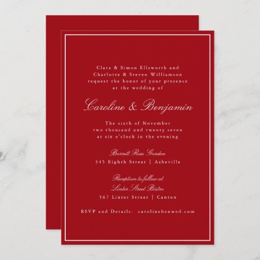 Formal Classic Red Script Elegant Wedding RSVP Kaart (Voorkant / Achterkant)