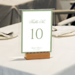 Formal Classic Sage Green Border Script Wedding Kaart<br><div class="desc">Guide your guests with timeless elegance using this classic sage green wedding table number. Featuring a clean white background, soft sage green border, graceful script heading, and a bold, easy-to-read number, this design blends traditional charm with a minimalist aesthetic. Perfect for classic, formal, garden, or modern weddings, this table number...</div>