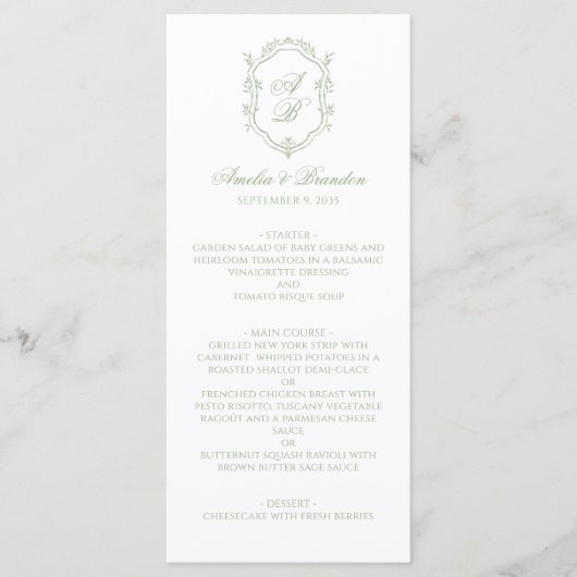 Formal Classic Sage Green Monogram Crest Wedding Menu (Voorkant)