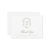 Formal Classic Sage Green Monogram Crest Wedding Notitiekaartje (Voorkant / Achterkant in situ)