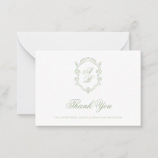 Formal Classic Sage Green Monogram Crest Wedding Notitiekaartje (Voorkant)