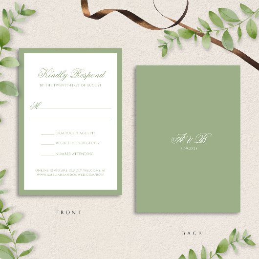 Formal Classic Sage Green Monogram Script Wedding RSVP Kaartje