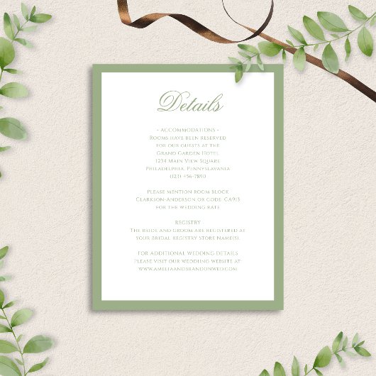 Formal Classic Sage Green Script Wedding Details Informatiekaartje