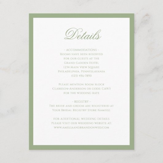 Formal Classic Sage Green Script Wedding Details Informatiekaartje (Voorkant)