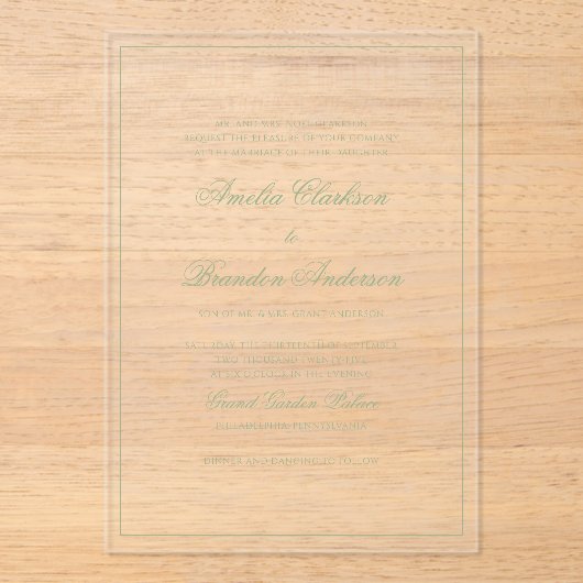 Formal Clear Sage Green Border Script Wedding Acryl Uitnodigingen (Voorkant)