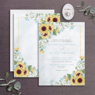 Formal Dusty Blue Sunflower Floral Script Wedding Kaart