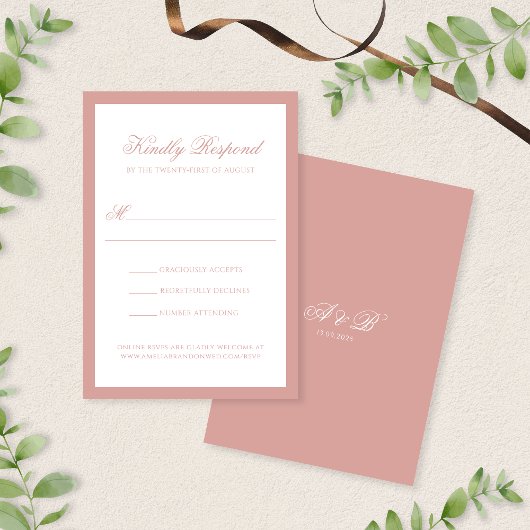 Formal Dusty Rose Border Monogram Script Wedding RSVP Kaartje