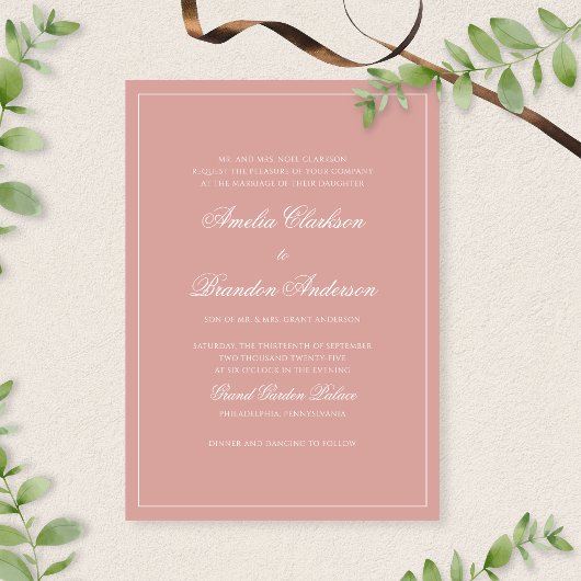 Formal Dusty Rose & White Border Script Wedding Kaart