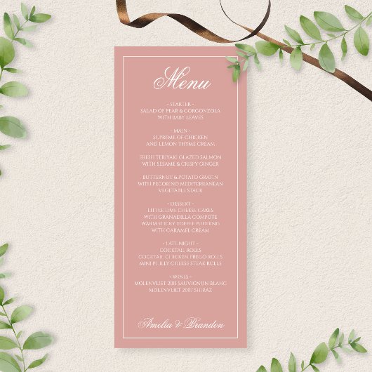 Formal Dusty Rose & White Border Script Wedding Menu