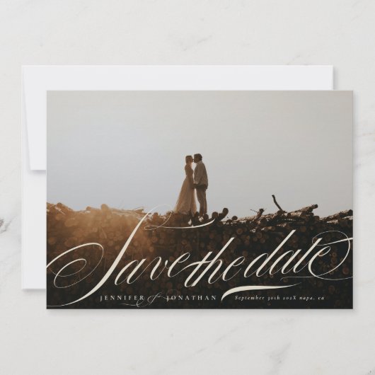 Formal Elegant Beige Calligraphy QR Code Photo Save The Date (Voorkant)