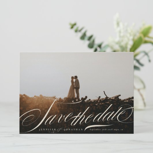 Formal Elegant Beige Calligraphy QR Code Photo Save The Date (Staand voorkant)