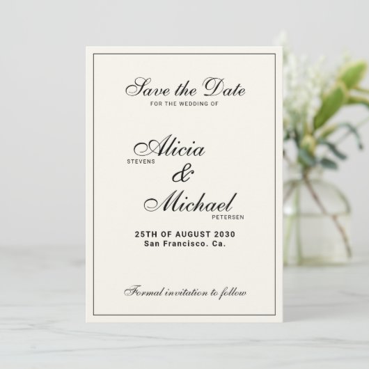 Formal elegant black and ivory classic wedding save the date (Staand voorkant)