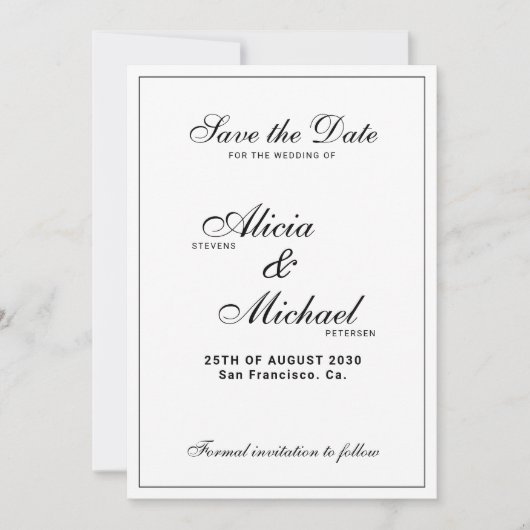 Formal elegant black and white classic wedding save the date (Voorkant)