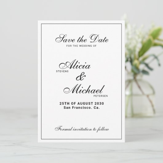Formal elegant black and white classic wedding save the date (Staand voorkant)