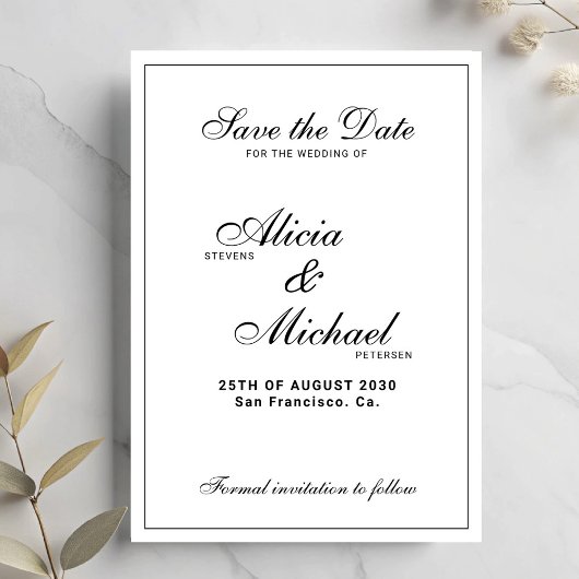 Formal elegant black and white classic wedding save the date