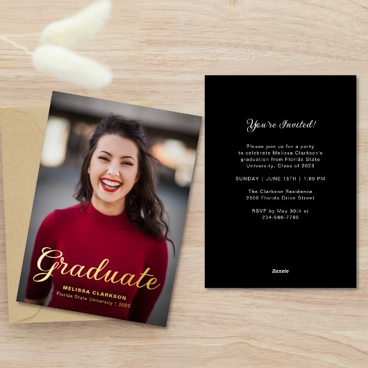 Formal Elegant Black Gold Script Photo Graduation Folie Uitnodiging