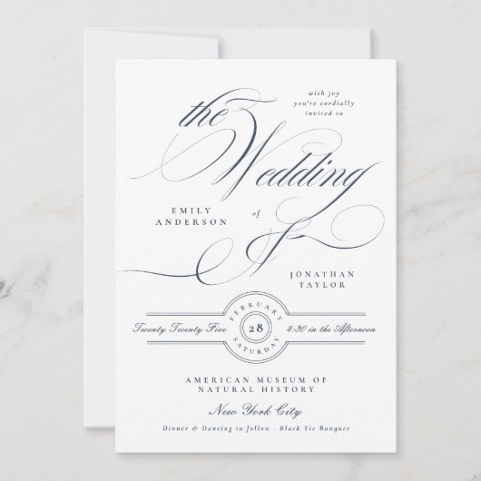 Formal Elegant Calligraphy Navy Blue Photo Wedding Kaart (Voorkant)
