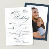 Formal Elegant Calligraphy Navy Blue Photo Wedding Kaart