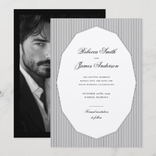 Formal Elegant Classic Black Stripes Photo Wedding Save The Date (Voorkant / Achterkant)