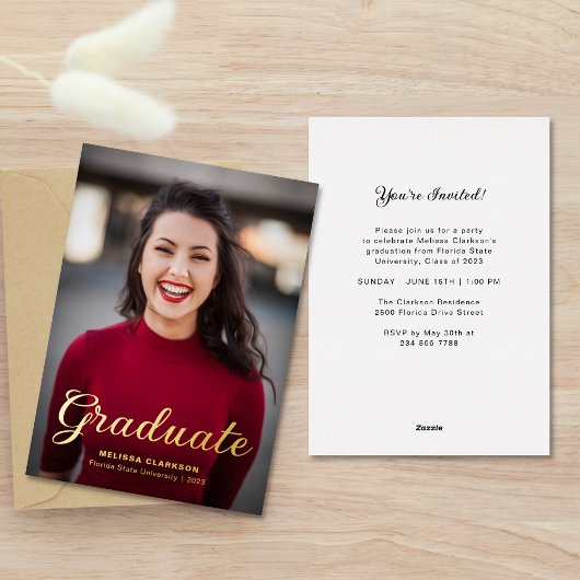 Formal Elegant Gold Script Photo Graduation Folie Uitnodiging