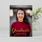 Formal Elegant Gold Script Photo Graduation Folie Uitnodiging (Staand Voorkant)