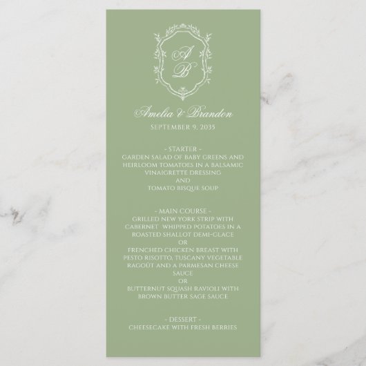 Formal Elegant Sage Green Monogram Crest Wedding Menu (Voorkant)