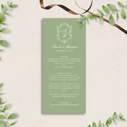 Formal Elegant Sage Green Monogram Crest Wedding Menu