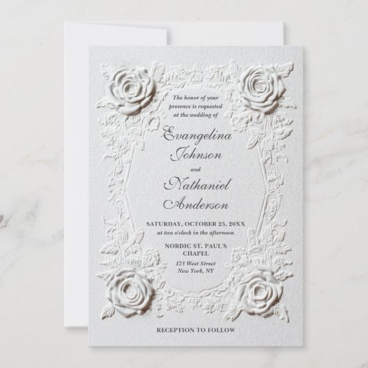 Formal Elegant Script Faux Embossed Roses Wedding  Kaart (Voorkant)