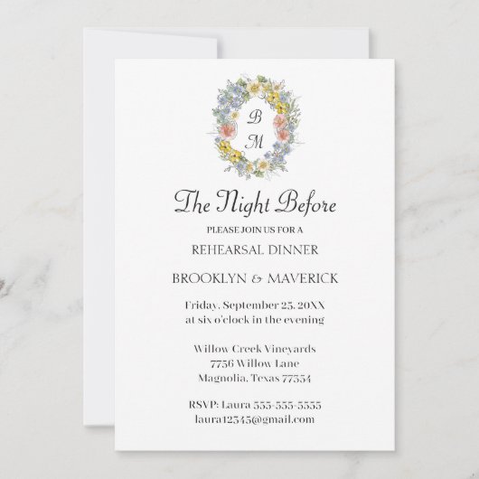 Formal Floral Crest Monogram Rehearsal Dinner Kaart (Voorkant)