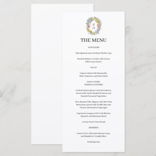 Formal Floral Crest Monogram Wedding  Menu (Voorkant / Achterkant)