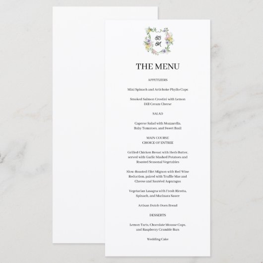 Formal Floral Monogram Crest Wedding Menu (Voorkant / Achterkant)