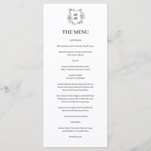 Formal Floral Monogram Crest Wedding Menu (Voorkant)