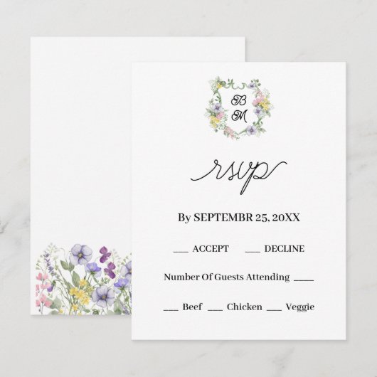 Formal Floral Monogram Crest Wedding RSVP Kaartje (Voorkant / Achterkant)
