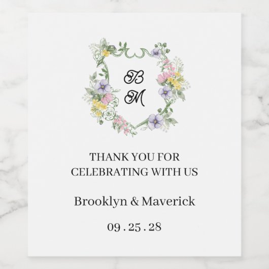 Formal Floral Monogram Crest Wedding Wijn Etiket (Enkel label)