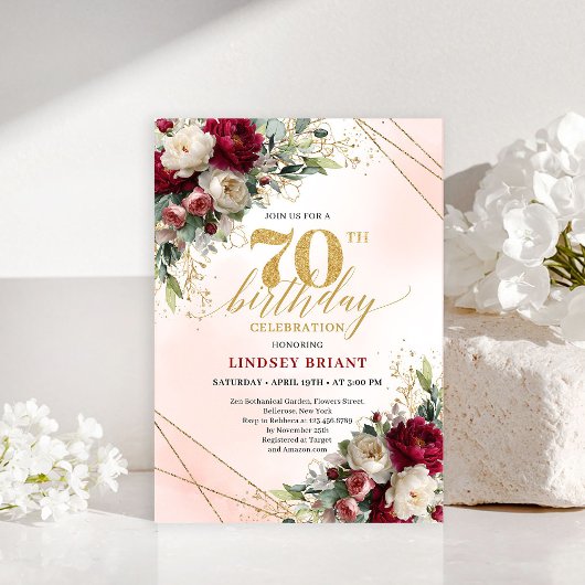 Formal Gold Floral Seventieth Birthday Invitation Kaart