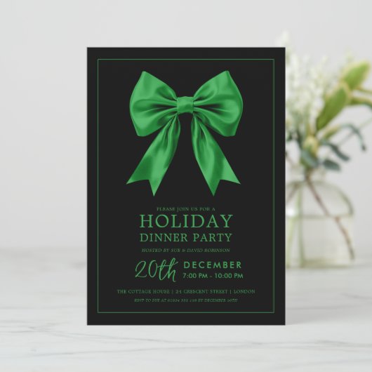 Formal Holiday Dinner Party Green Satin Bow Black  Kaart (Staand voorkant)