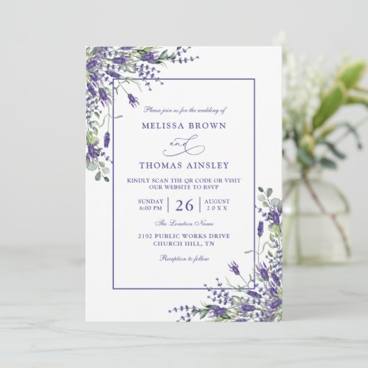 Formal Lavender Eucalyptus Budget QR Code Wedding Kaart (Staand voorkant)
