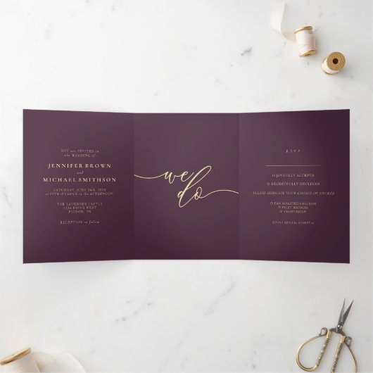 Formal Midnight Fig Modern Wedding Drieluik Kaart (Binnen)