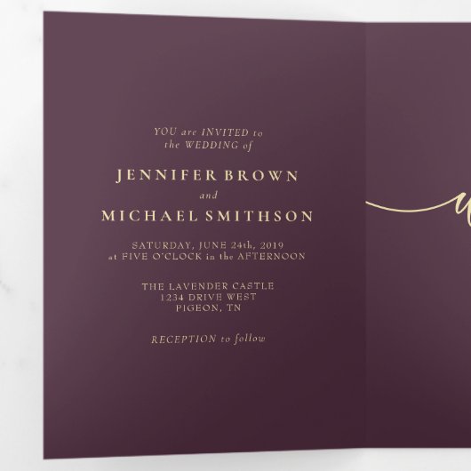 Formal Midnight Fig Modern Wedding Drieluik Kaart (Binnenzijde eerst)