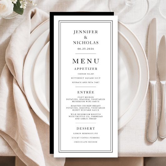 Formal Minimal Black And White Wedding Menu