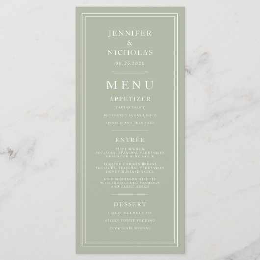 Formal Minimal Sage Green Wedding Menu (Voorkant)