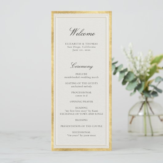 Formal Modern Classic Ecru Gold Wedding Program (Staand voorkant)