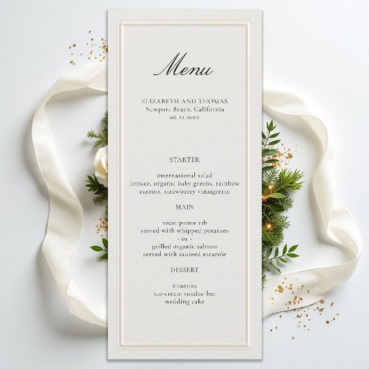 Formal Modern Classic Elevated Frame Ecru Wedding Menu
