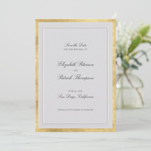 Formal Modern Classic Elevated Gold Ivory Wedding Save The Date (Staand voorkant)