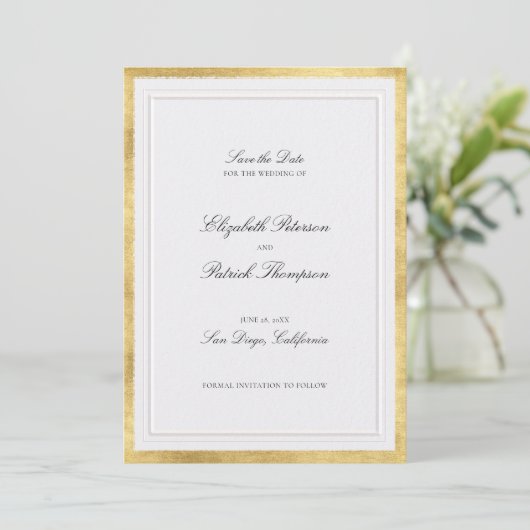 Formal Modern Classic Elevated Gold Pearl Wedding Save The Date (Staand voorkant)