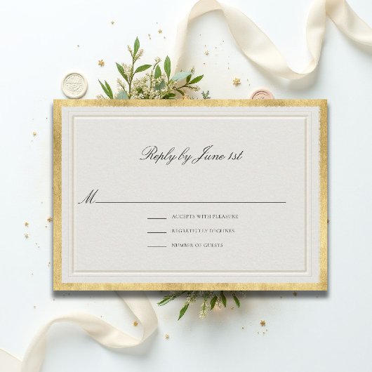 Formal Modern Classic Elevated Golden Ecru Wedding RSVP Kaartje