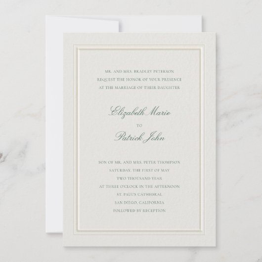 Formal Modern Classic Elevated Green Ecru Wedding Kaart (Voorkant)